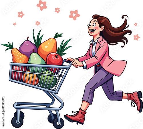 Woman shopping for fresh produce healthy eating with cart full of fruits and vegetables cartoon illustration