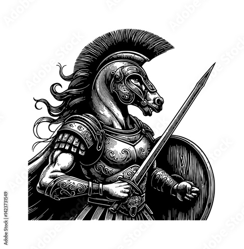 Horse gladiator warrior in armor ready to fight in ancient Rome battle arena