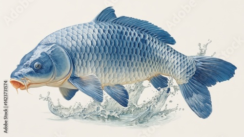 Blue carp leaping from water, detailed illustration against off white background. Water splashes are visible