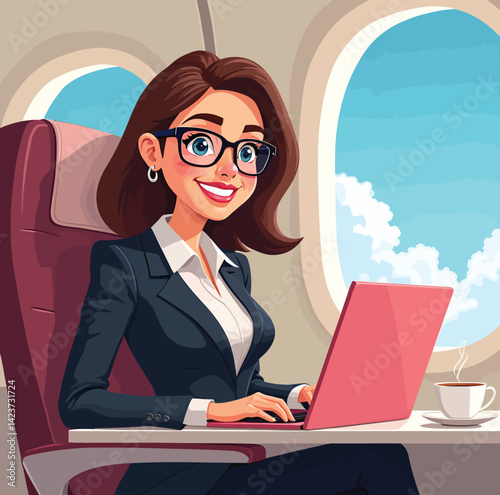 Business woman working on laptop in airplane travel for corporate job professional career journey