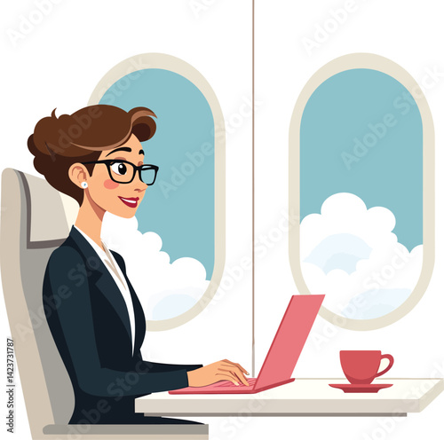 Woman working on laptop on airplane travel business trip flight journey with coffee cup near window view