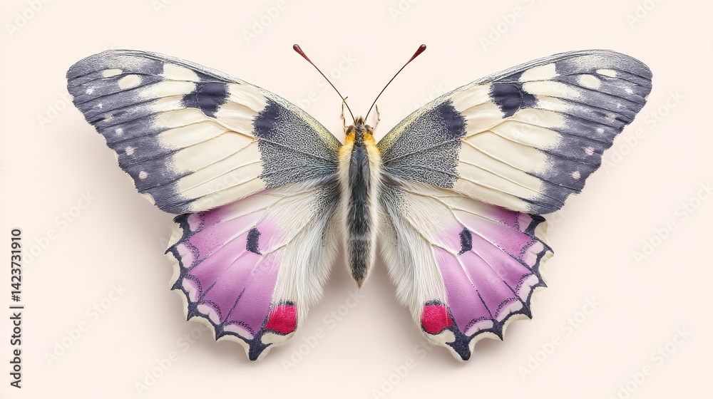 Fototapeta premium Close up of a butterfly with off white and black speckled wings, accented by soft purple hues and small red dots near