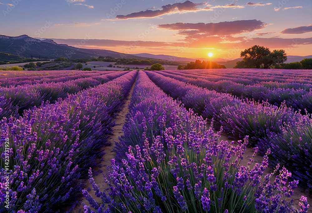 Obraz premium a vibrant lavender field stretches towards a radiant sunset over distant mountains, creating a picturesque and serene landscape.