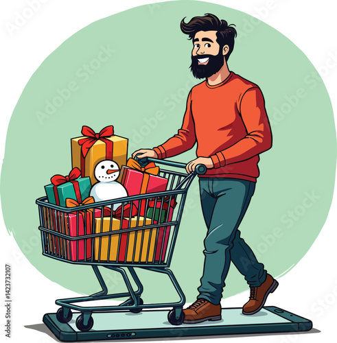 Man shopping online with cart full of christmas gifts and snowman using mobile app for holiday shopping