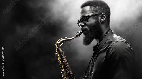 27. A black and white image of a jazz musician playing a saxophone.