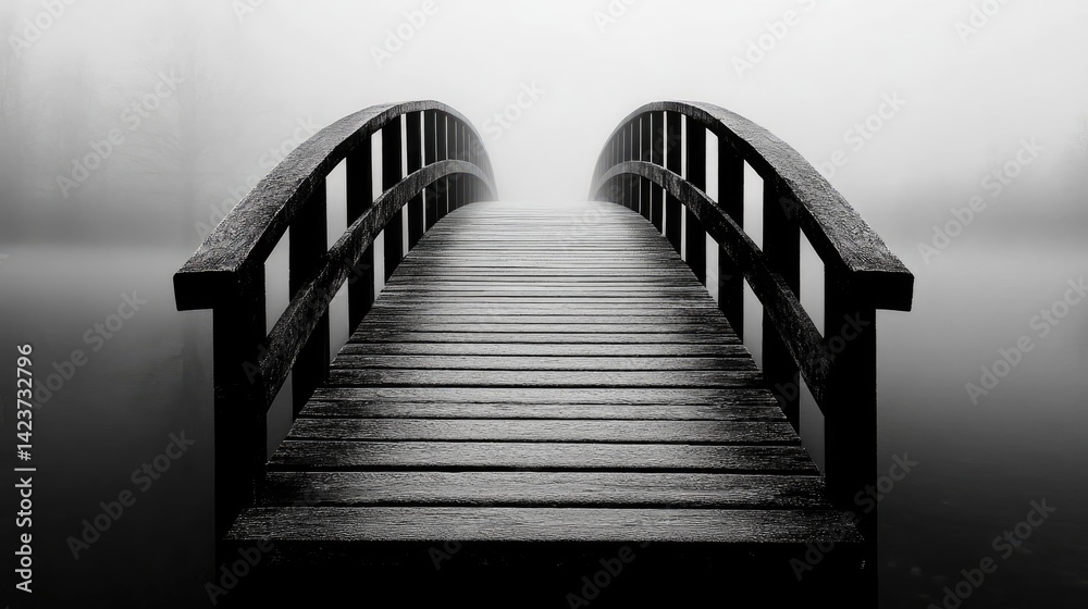 Fototapeta premium 34. A minimalist black and white photo of an empty bridge disappearing into fog.