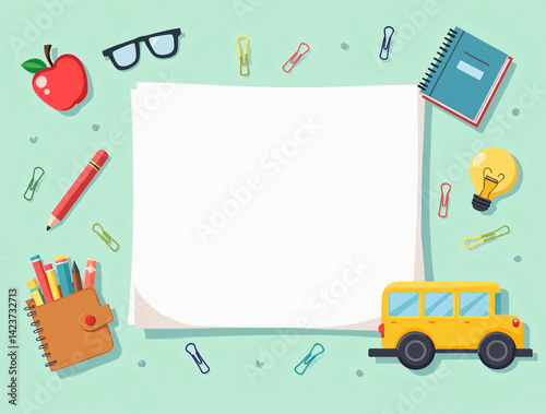 green backpack with alarm clock and school equipment. Back to school concept on blue background with copy space. Generative ai