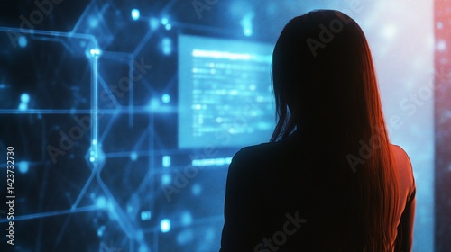 Female figure analyzes complex data streams on futuristic interface