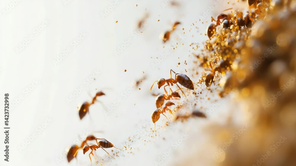 Busy Ant Colony Scavenging for Food in Macro Detail, showing Teamwork, Strength