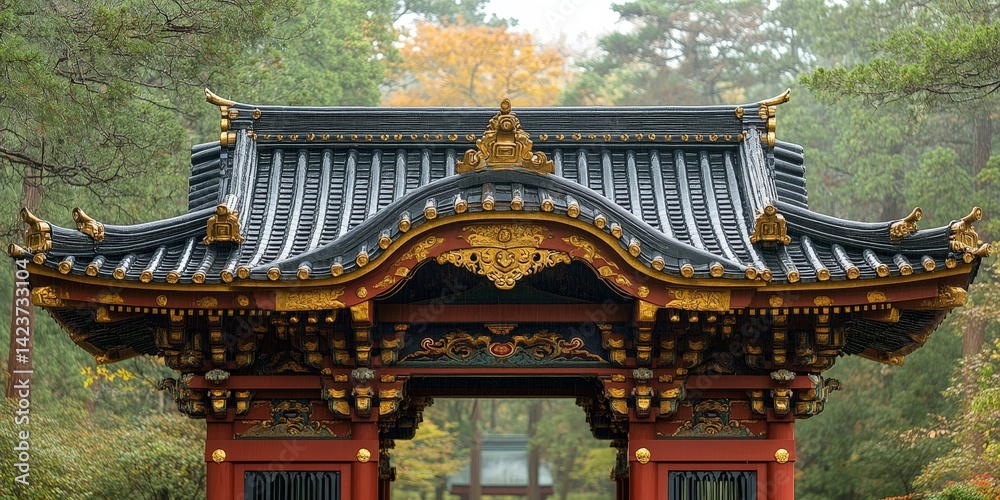 Fototapeta premium Ornate traditional Japanese architecture with detailed roof design surrounded by trees