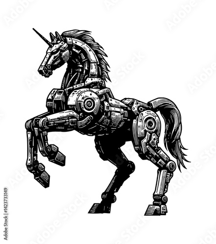 Futuristic horse mecha robot with armor in a cyberpunk setting, digital artwork