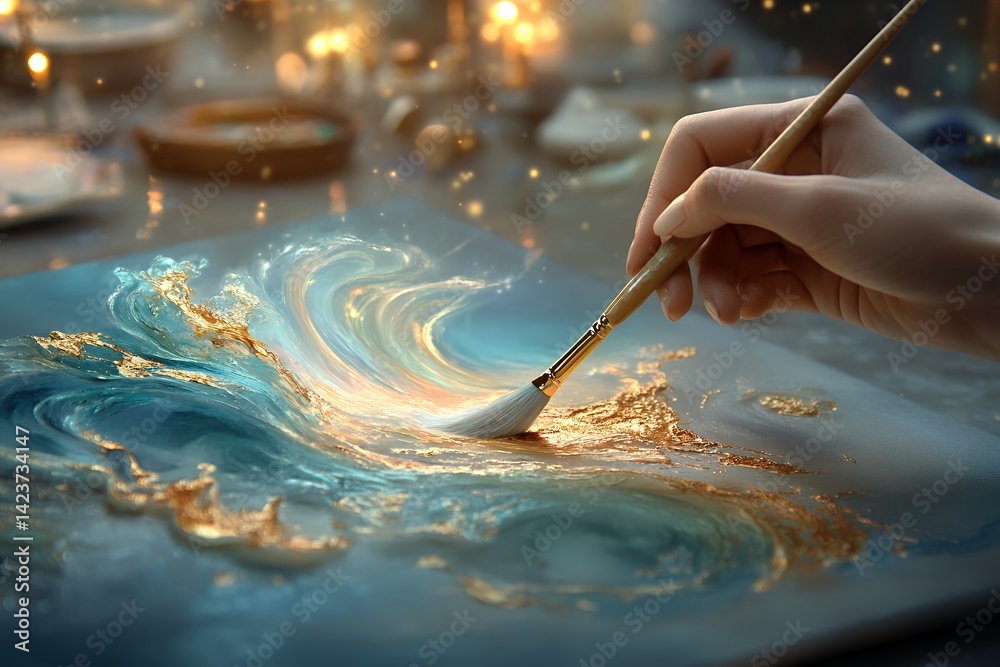 Obraz premium Female hand painting abstract ocean scene with brush and glowing waves in artistic setting