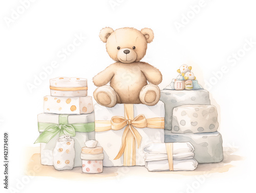 Watercolor greeting card illustration for newborn with gifts and toys