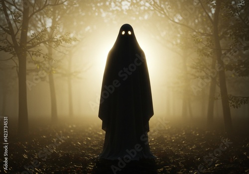 Ghost Silhouette. Ominous Cloaked Figure with Glowing Eyes Against Foggy Forest