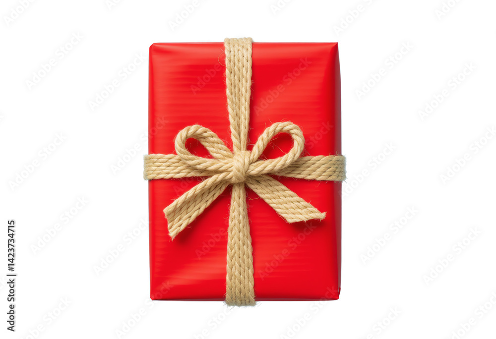 Red Gift Box with Jute Bow - Transparent Background