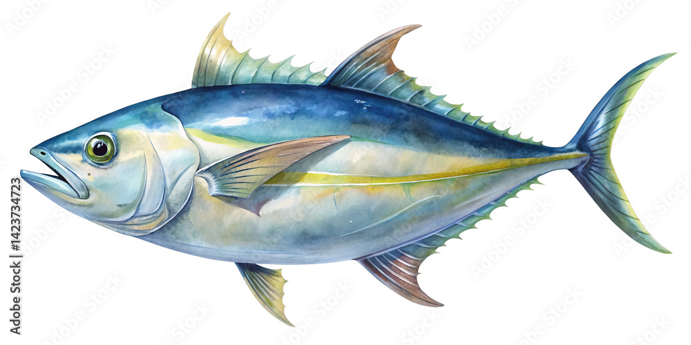 Fototapeta premium Watercolor illustration of a yellowfin tuna swimming in the ocean water