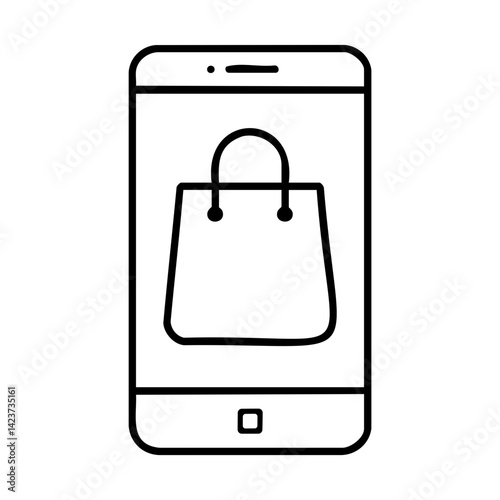 Outline icon of a smartphone displaying a shopping bag, symbolizing mobile commerce, online shopping apps, and digital retail platforms.