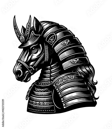 Horse samurai warrior in armor with sword in medieval Japan combat