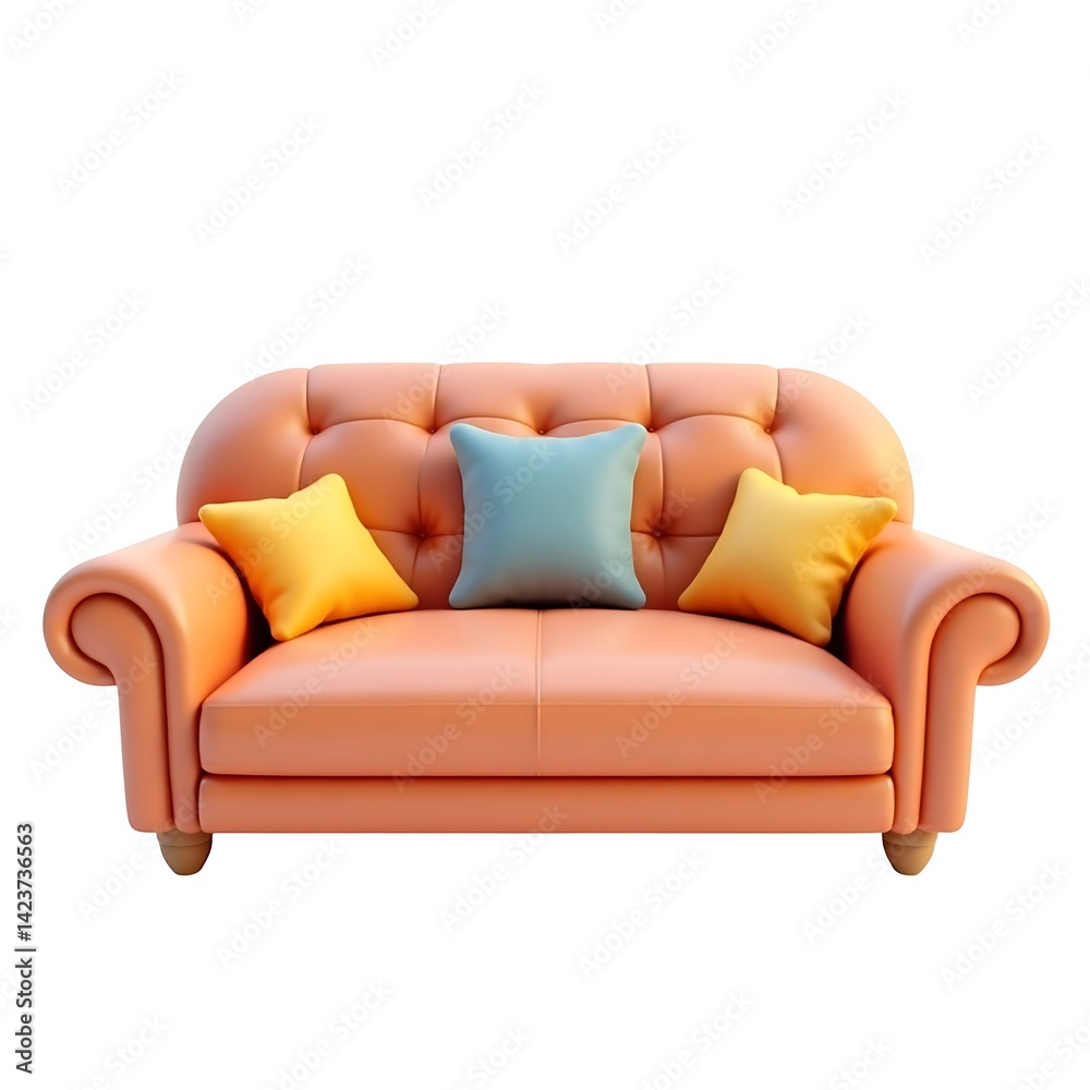 Fototapeta premium Cozy peach sofa with pillows on white background