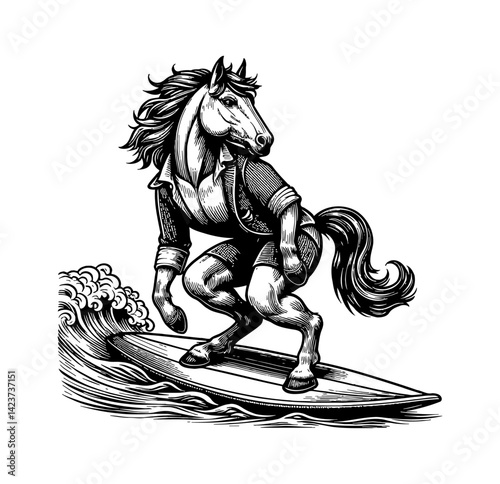 Horse enjoying beachwear summer on ocean waves, surfing with happiness and free mood.