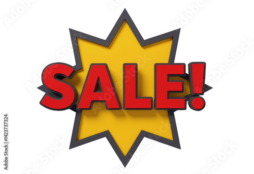 Sale! Red 3D Letters, Yellow Starburst, transparent background.
