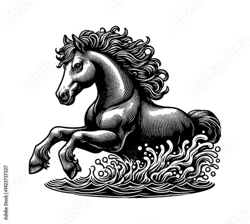 Horse swims in the pool water for exercise aquatic sport fitness activity happy expression