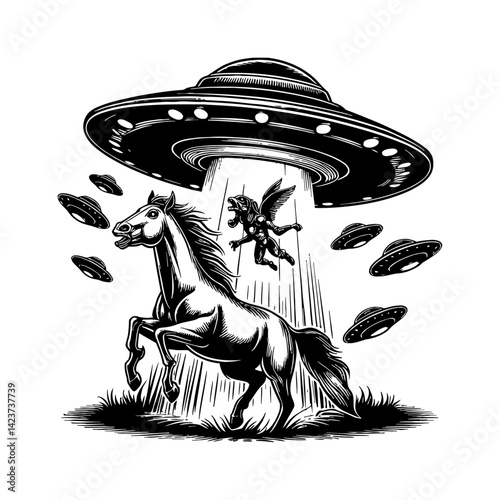 Horse abducted by aliens in a science fiction abduction scene on extraterrestrial planet