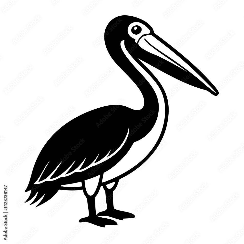 Fototapeta premium A simple black and white illustration of a pelican with its long beak and pouch, capturing the essence of this fascinating bird.