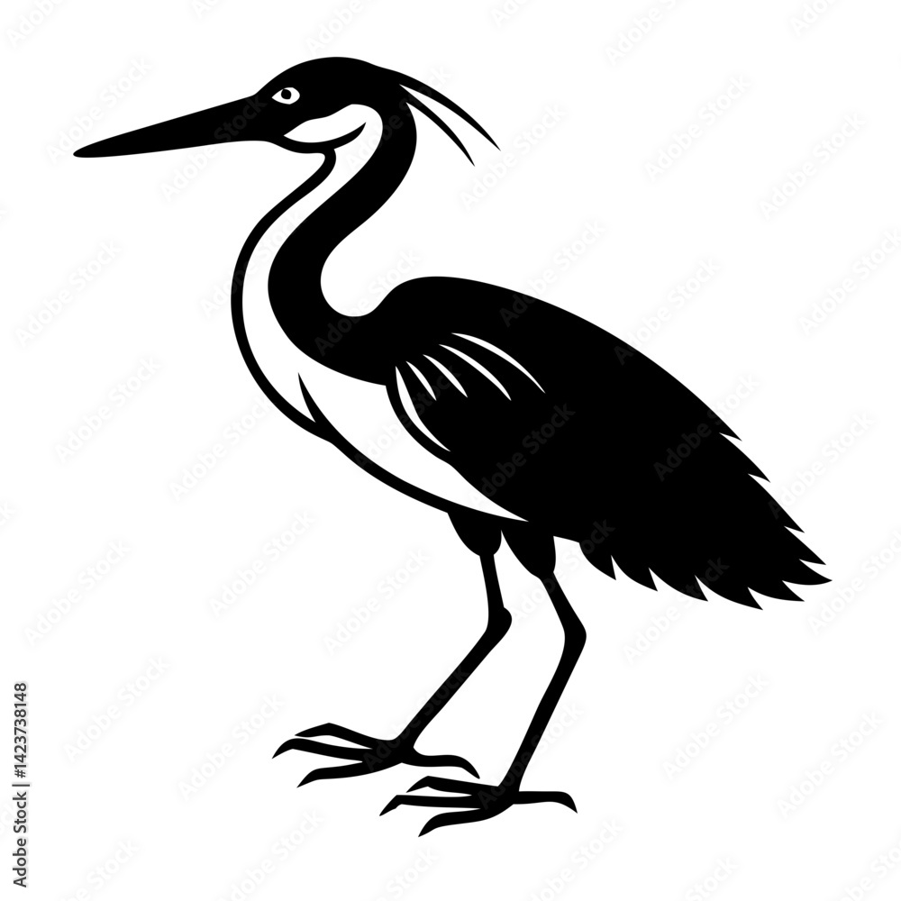 Fototapeta premium An elegant heron, rendered in bold black and white, stands proudly in profile, its long beak poised, showcasing its graceful form and the stark contrast between light and shadow.