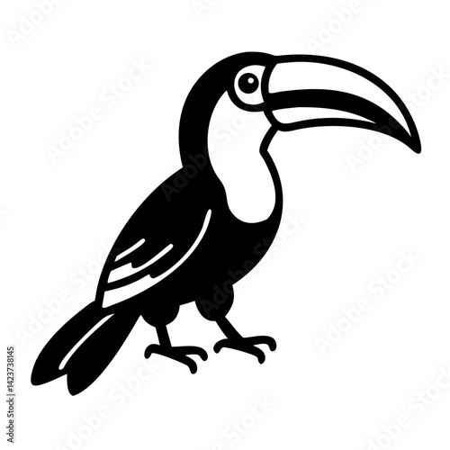 A minimalist illustration showcases a captivating toucan, depicted in a clean, graphic style, featuring its iconic large beak and perched elegantly.