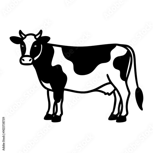 A striking graphic illustration presents a classic black and white cow, emphasizing its iconic features with clean lines and a minimalist aesthetic.