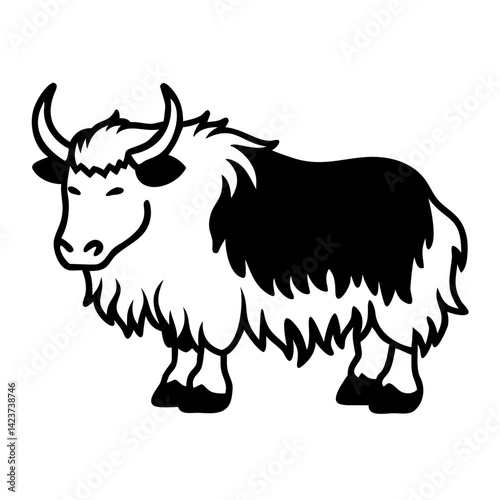 A yak, with its distinctive long, shaggy coat and curved horns, stands against a plain background, showcasing the unique and powerful characteristics of this high-altitude animal.  