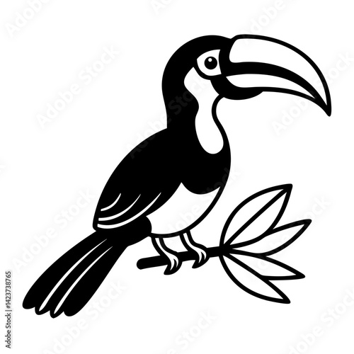 A monochromatic artistic depiction showcases a vibrant toucan perched on a delicate branch, its distinctive features rendered with bold lines and striking contrast.