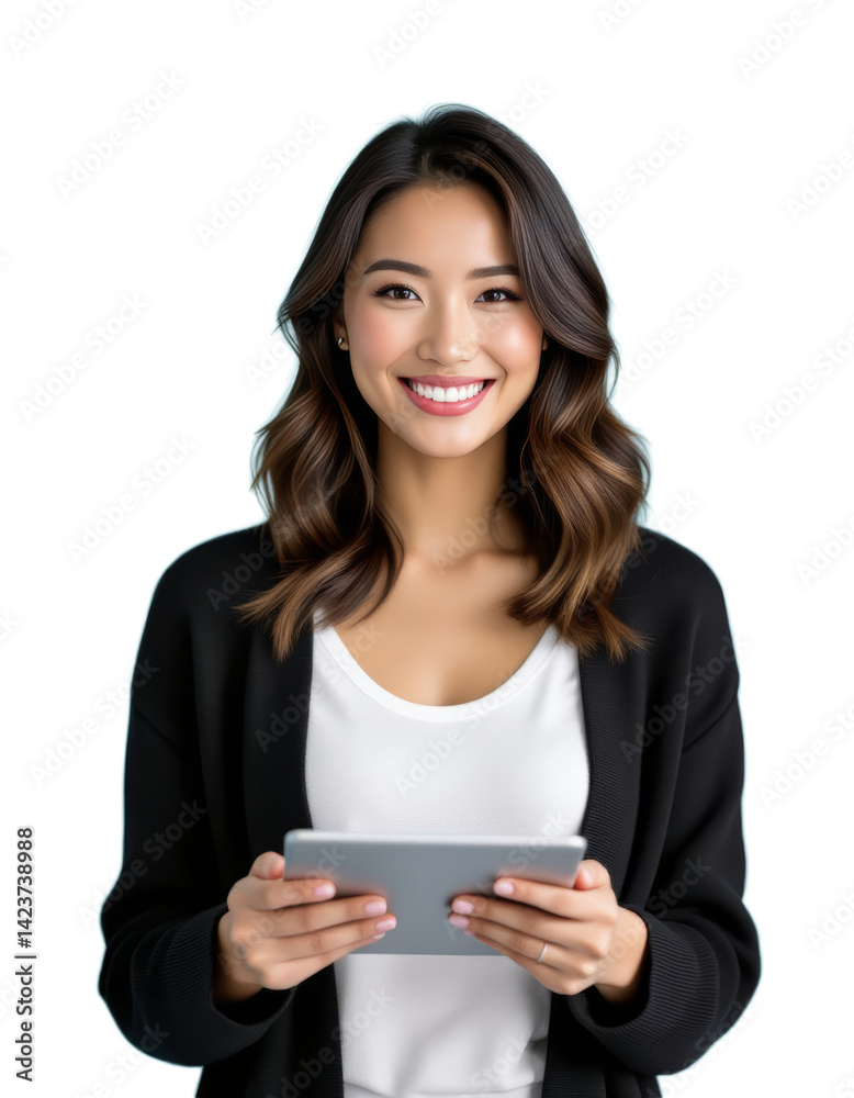 Smiling Asian Woman with Tablet, Black Blazer, transparent background.