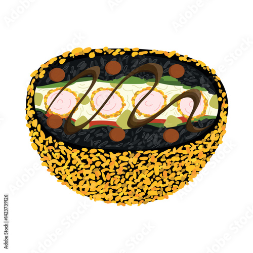 Fried sushi burger with black cuttlefish rice, fried breaded shrimp, onion, cucumbers, cream cheese, avocado friend in breadcrumps. Hand drawn vector illustration in flat style.