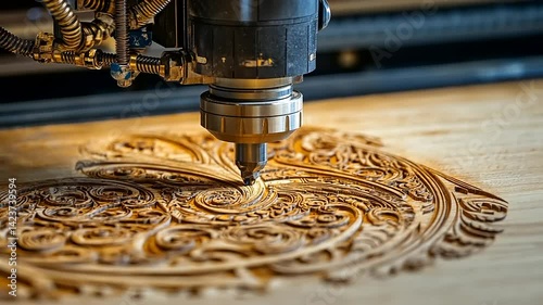 Intricate wood carving process using a CNC machine, showcasing detailed craftsmanship in a workshop