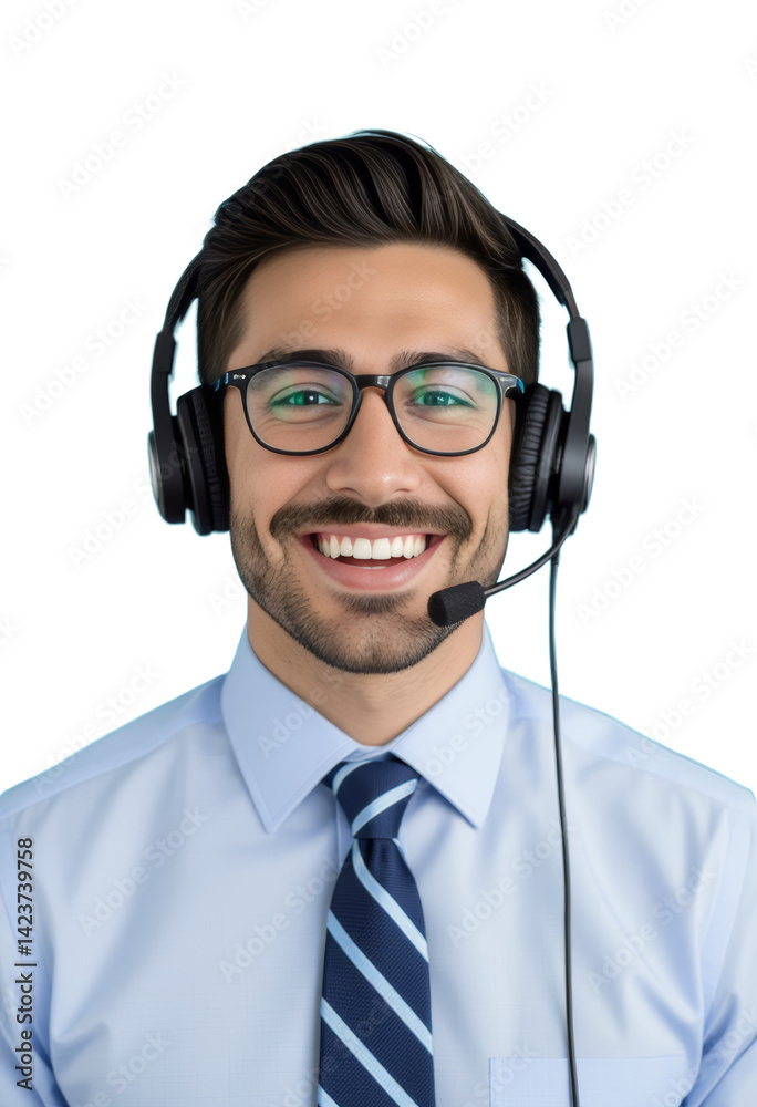 Smiling Support Agent with Headset & Glasses, Transparent Background