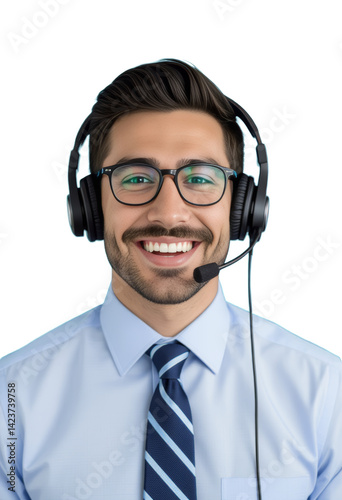 Obraz na płótnie Smiling Support Agent with Headset & Glasses, Transparent Background w salonie