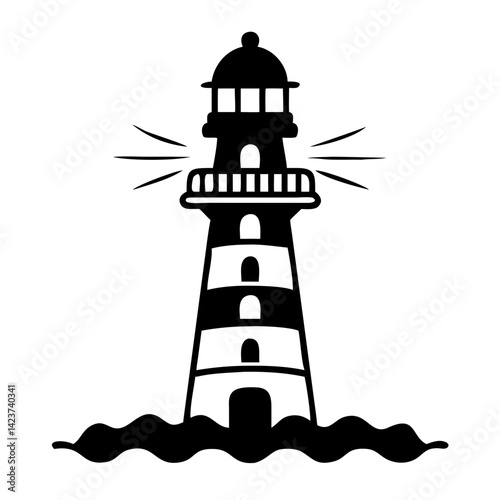 A beacon of hope and guidance stands tall against the crashing waves in this stark black and white illustration of a lighthouse. Capturing its unwavering purpose in a sea of uncertainty.