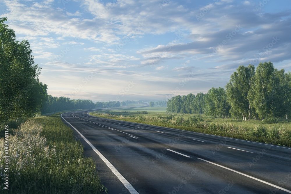 Obraz premium Scenic winding highway through lush greenery during early morning light