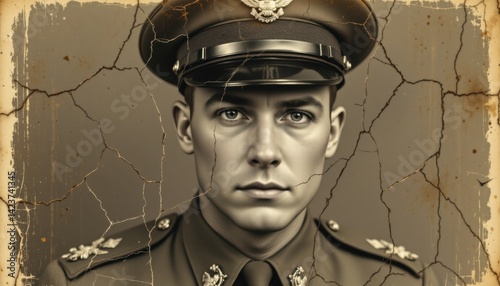 Portrait of a World War II veteran in uniform with a cracked photograp photo