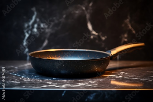 Top view of a non-stick frying pan on a dark blue marble kitchen countertop
