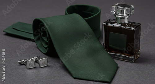 A luxurious arrangement of men's accessories, featuring a green tie and cologne on a dark backdrop.