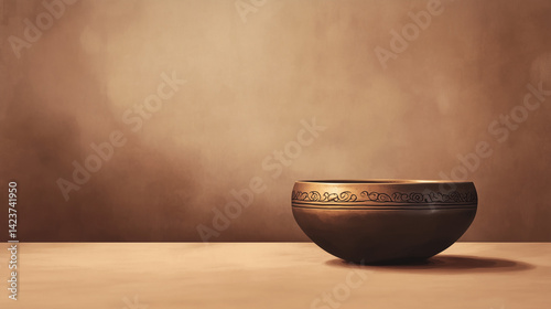 tibetian singing bowl for buddhist chant and meditation isolated on brown background