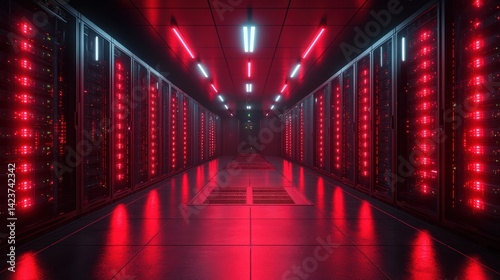 Rows of server racks glow with red lights in a modern data center corridor