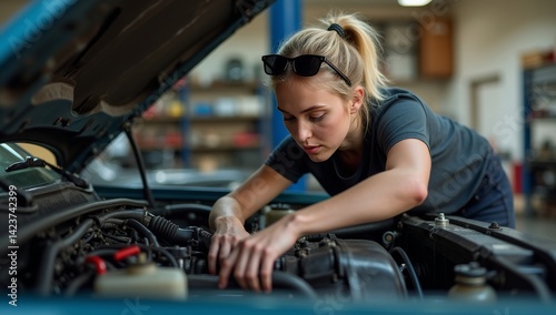 young australian tradesperson mechanic fixing car engine in automotive repair garage