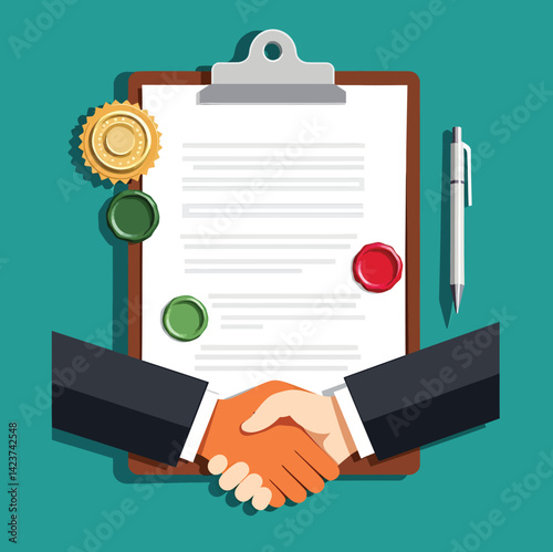Agreement contract business deal handshake partnership success collaboration document clipboard pen