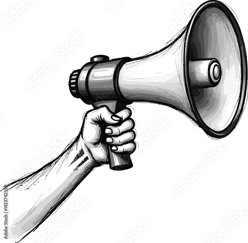 Megaphone announcement hand holding speaker public address system communication tool vector graphic drawing art
