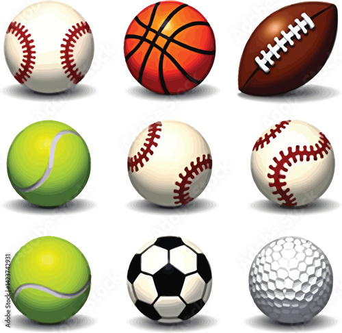 Various sports balls baseball basketball football tennis soccer golf equipment collection for team games and recreation