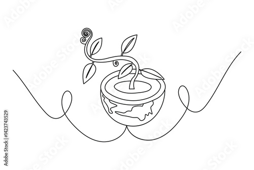 Work Earth hour continuous single line art drawing of concept doodle style outline vector design